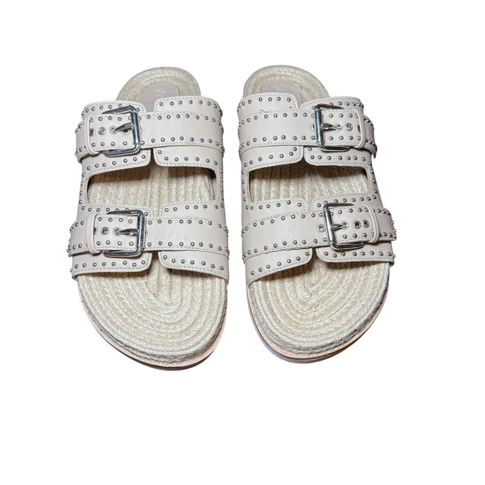 Johnny Was Womens Studded Everyday Buckle Slide Sandals Cream Beige Jute Size 10